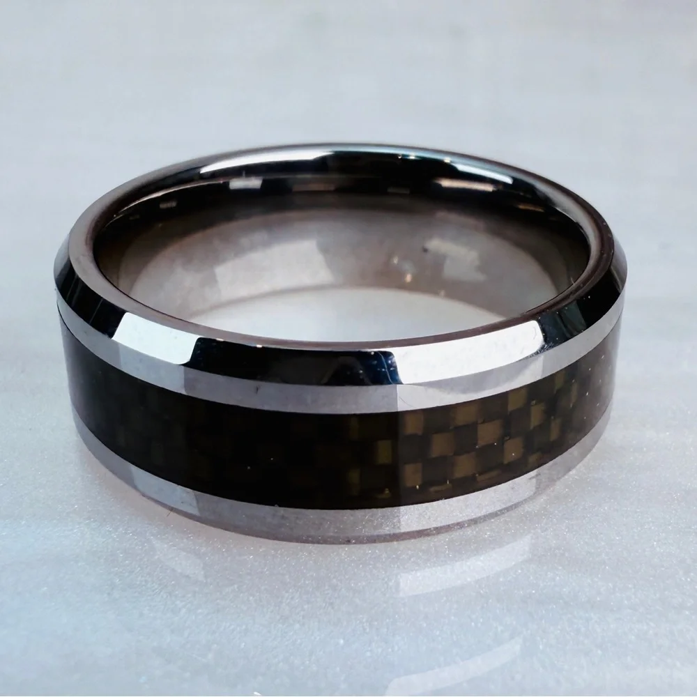 Men's silvertone Black Carbon Fiber Ring sz 9 1/2
